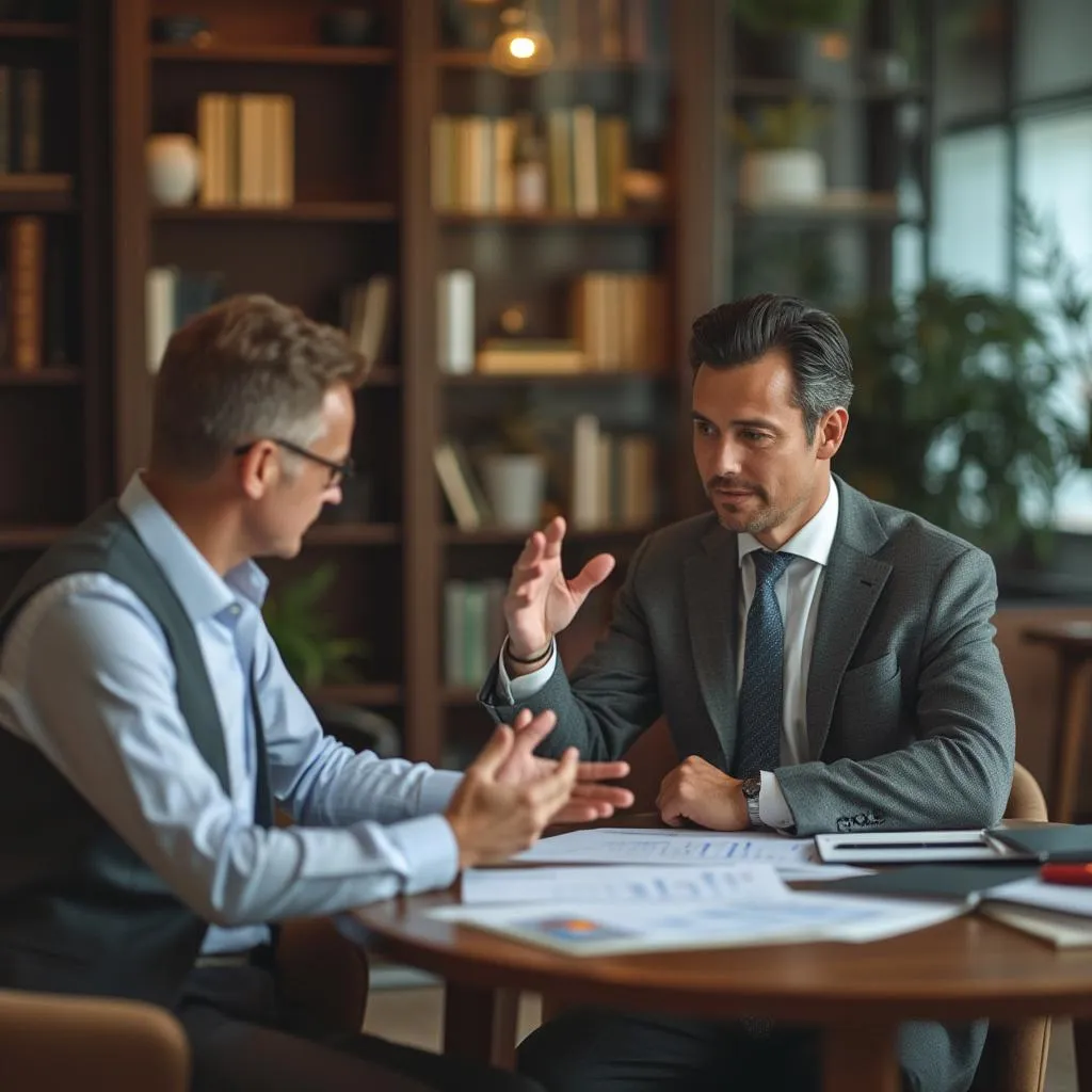 Asesor financiero explicando un plan de inversión a un cliente