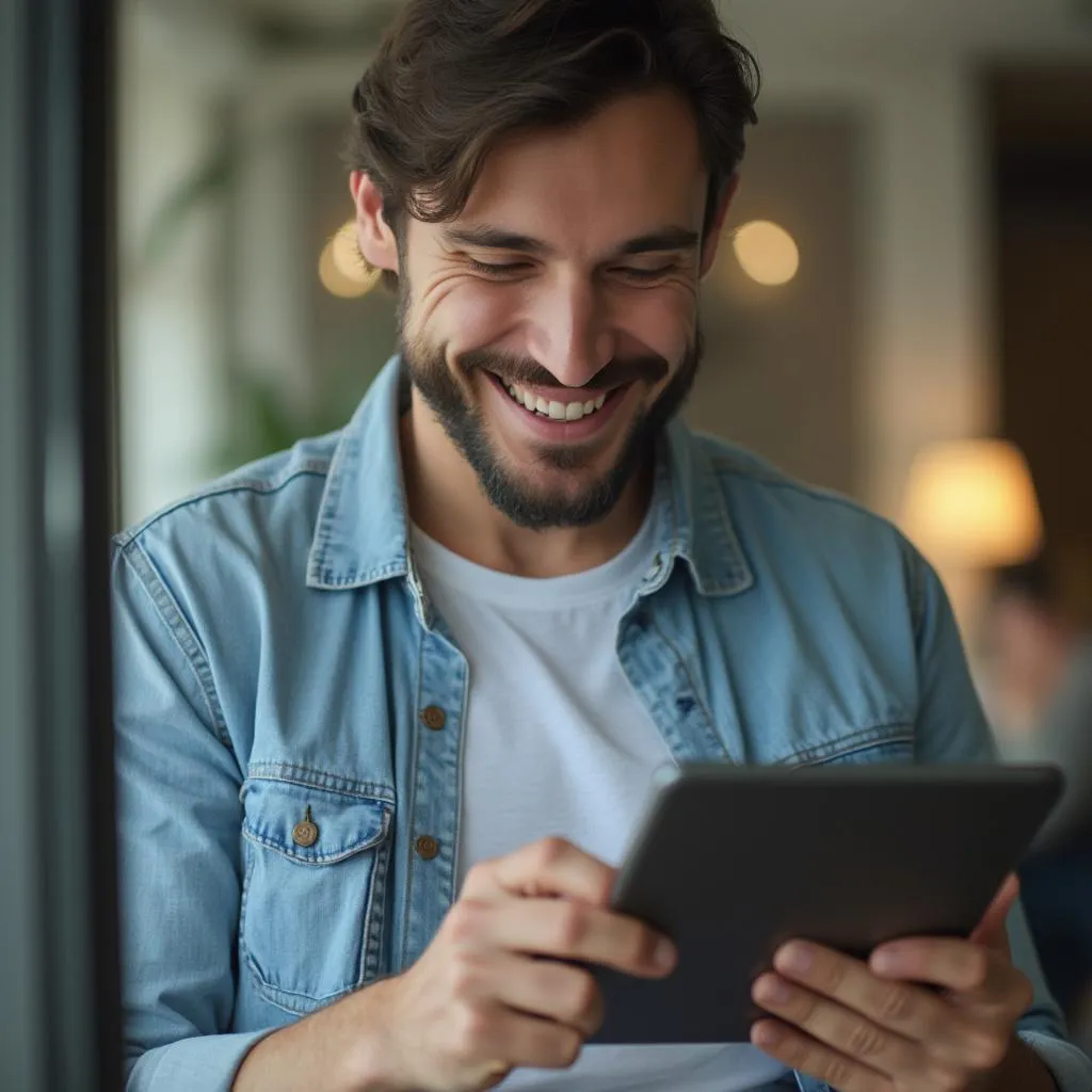 Un inversor satisfecho revisando su portafolio en una tablet